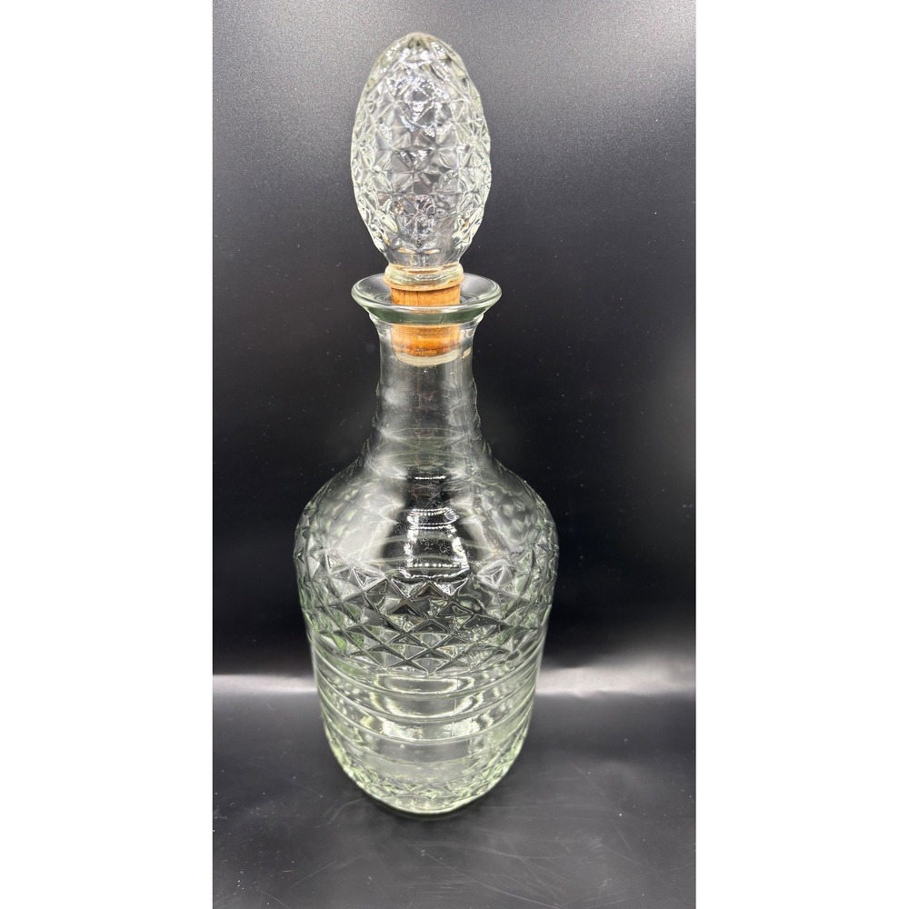 Vintage Glass Decanter Diamond Quilted Ribbed Pattern with Cork Stopper 11"